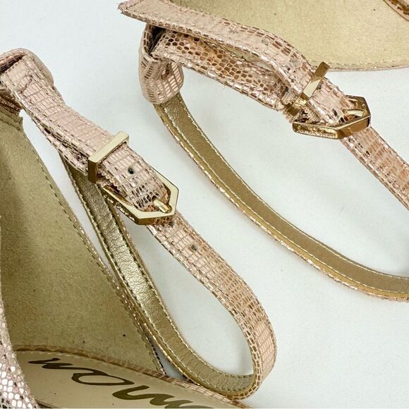 Sam Edelman YARO Rose Gold Leather Metallic Reptile Chunky 4" Open Toe Sandals - Picture 13 of 16
